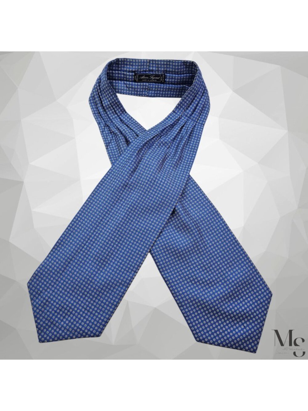 Alain Figaret Silk Ascot Cravat Blue White Gold Floral Neat Made in France Men's